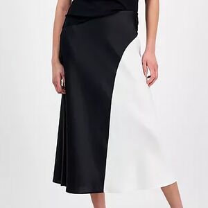 Anne Klein Bias Cut Colorblocked Midi Skirt White Black Waistband Womens Size M